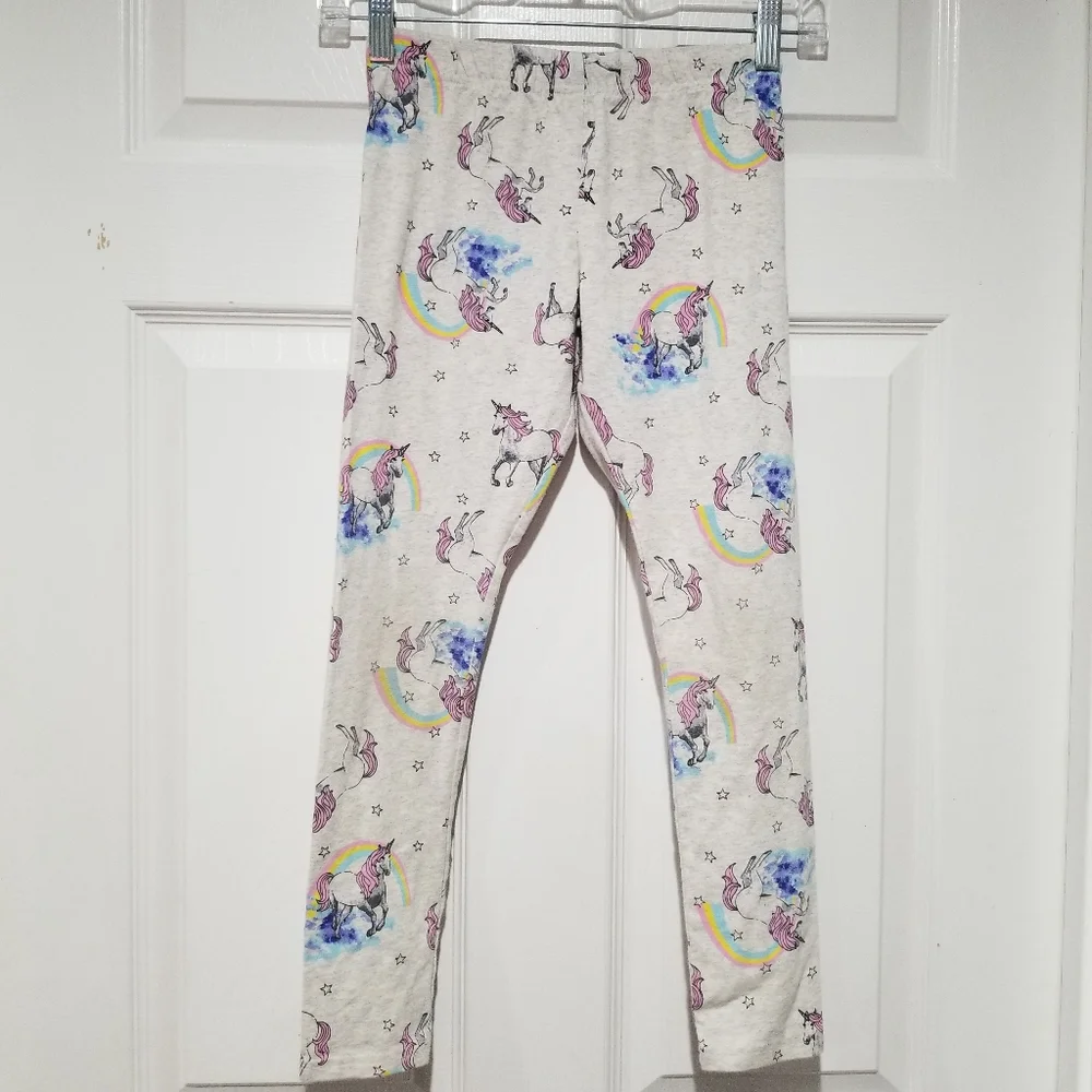 Heather Grey Rainbow Unicorn Print Elastic Waistband Jersey Cotton Legging